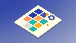 Isometric PDF page showing a portfolio thumbnail grid with a gear settings icon and an upload arrow, representing PDF portfolio export settings to check before submitting