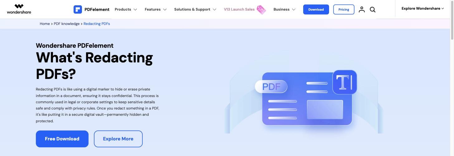 Wondershare PDFelement redaction feature page explaining true PDF redaction