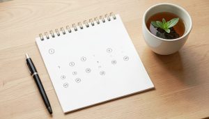 A paper calendar with several hand-circled dates beside a pen and a cup of tea on a wooden desk