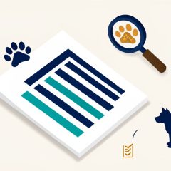 Isometric lease document with a paw-print stamp, magnifying glass, checklist, and a dog silhouette, representing pet-addendum clauses to compare before signing