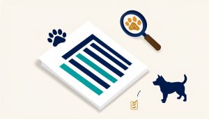 Isometric lease document with a paw-print stamp, magnifying glass, checklist, and a dog silhouette, representing pet-addendum clauses to compare before signing