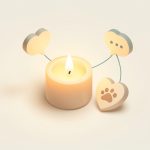 Isometric warm scene with a softly glowing candle, a small heart holding a paw print, and gentle connected heart icons, representing online pet-loss support