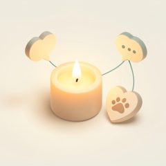 Isometric warm scene with a softly glowing candle, a small heart holding a paw print, and gentle connected heart icons, representing online pet-loss support