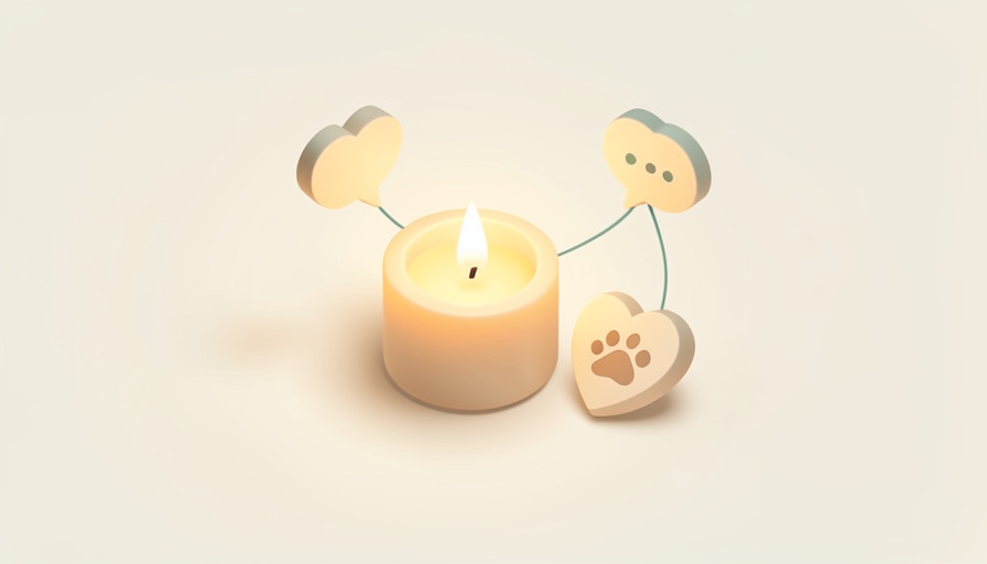 Isometric warm scene with a softly glowing candle, a small heart holding a paw print, and gentle connected heart icons, representing online pet-loss support