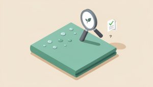 Isometric outdoor fabric swatch with beading water droplets under a magnifier, a leaf badge, a certificate checkmark, and a question mark, on whether PFAS-free outdoor fabric is trustworthy