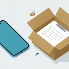 Isometric smartphone beside a shipping box with a blank checklist, an open padlock, and a SIM-eject pin, on a checklist before mailing a trade-in phone