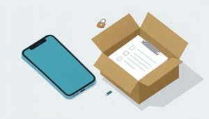 Isometric smartphone beside a shipping box with a blank checklist, an open padlock, and a SIM-eject pin, on a checklist before mailing a trade-in phone
