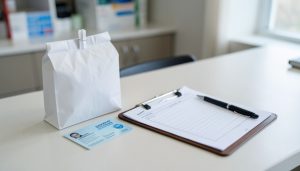 A pharmacy counter with a stapled paper prescription bag, an ID card, and a clipboard holding a blank form and pen