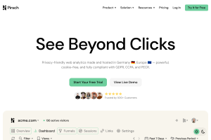 Pirsch Analytics home page showing a privacy-friendly dashboard with a free tier