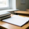 Stack of school textbooks and an open notebook with a pencil on a classroom desk by a window