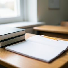 Stack of school textbooks and an open notebook with a pencil on a classroom desk by a window