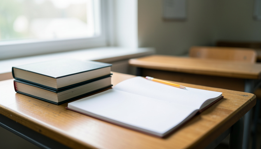 Stack of school textbooks and an open notebook with a pencil on a classroom desk by a window