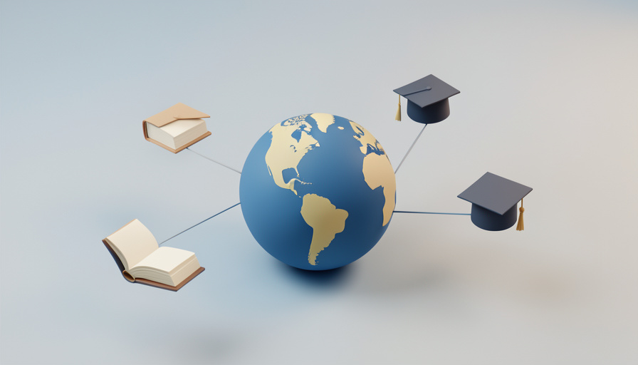 Isometric globe surrounded by small floating book and graduation-cap icons