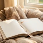 An open children's picture book with a bookmark resting on a cushion by a sunlit window