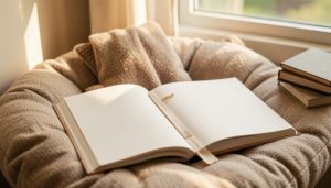 An open children's picture book with a bookmark resting on a cushion by a sunlit window