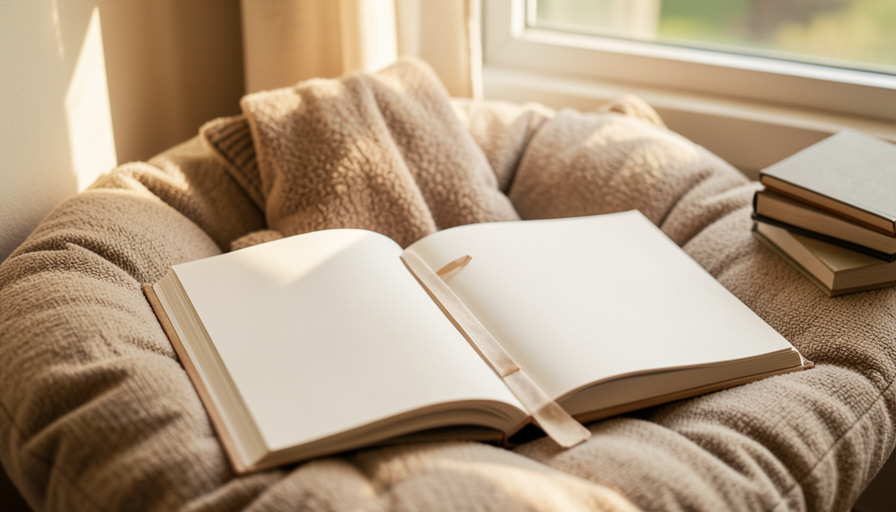 An open children's picture book with a bookmark resting on a cushion by a sunlit window