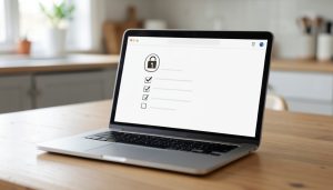 A laptop on a kitchen table showing a checklist document with a small padlock icon