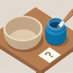 Isometric pottery bowl on a workshop table beside a glaze jar and a small refund receipt with a question mark, representing a studio glazing and refund dispute