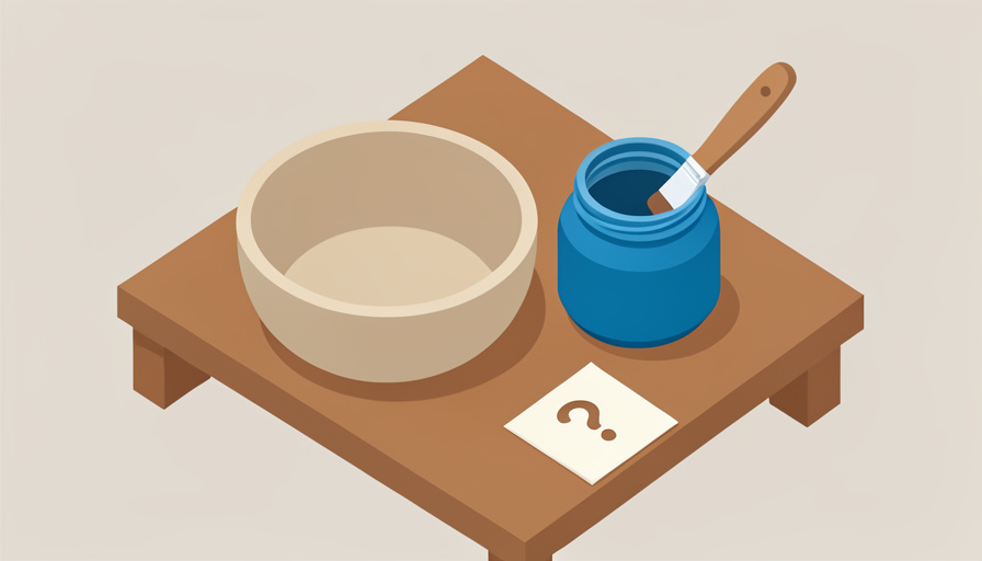 Isometric pottery bowl on a workshop table beside a glaze jar and a small refund receipt with a question mark, representing a studio glazing and refund dispute