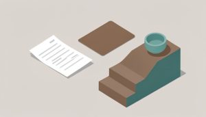 Isometric receipt, a credit card, and a small ceramic bowl beside a ladder of steps, representing the process of pursuing a refund for a pottery class