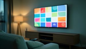A living-room TV showing several streaming app tiles, with a remote resting on the couch arm