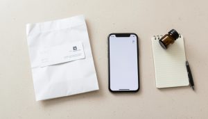 A pharmacy counter flat lay with a prescription bag, an insurance-style card, a phone, a notepad, and a pill bottle