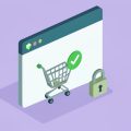 Isometric browser window with a shield puzzle-piece extension icon and a shopping cart with a checkmark, on privacy extensions not breaking checkout