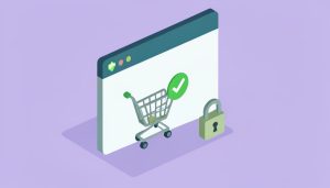 Isometric browser window with a shield puzzle-piece extension icon and a shopping cart with a checkmark, on privacy extensions not breaking checkout