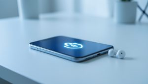 A smartphone on a white desk showing a glowing padlock shield icon beside earbuds