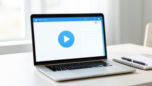A laptop on a desk showing an online-course video player with a play button and a blank lesson list