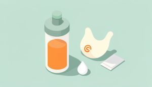 Isometric protein shaker bottle beside a stomach icon with a warning symbol, a milk drop, and a sweetener packet, on protein powder stomach issues triggers