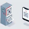 Isometric parking kiosk with a fake QR sticker peeling to reveal another code, and a phone showing a QR with a warning triangle, on QR code parking payment scam