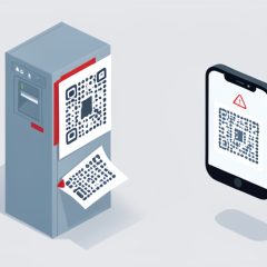 Isometric parking kiosk with a fake QR sticker peeling to reveal another code, and a phone showing a QR with a warning triangle, on QR code parking payment scam