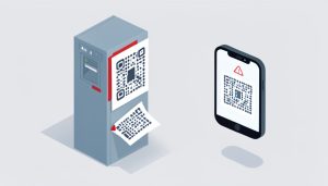 Isometric parking kiosk with a fake QR sticker peeling to reveal another code, and a phone showing a QR with a warning triangle, on QR code parking payment scam