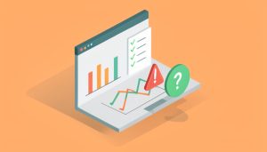 Isometric analytics dashboard with a checklist, a question-mark badge, and a data-gap warning icon, on questions before switching to GA4-only reporting