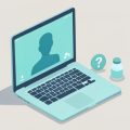 Isometric laptop showing a telehealth consultation beside a question-mark badge and a medication vial, representing questions to ask about compounded GLP-1