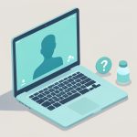 Isometric laptop showing a telehealth consultation beside a question-mark badge and a medication vial, representing questions to ask about compounded GLP-1