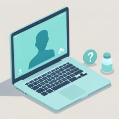 Isometric laptop showing a telehealth consultation beside a question-mark badge and a medication vial, representing questions to ask about compounded GLP-1