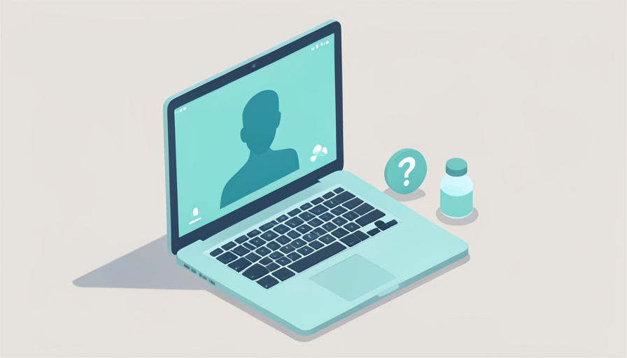 Isometric laptop showing a telehealth consultation beside a question-mark badge and a medication vial, representing questions to ask about compounded GLP-1