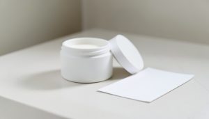 A plain white moisturizer jar with its lid off beside a blank paper leaflet on a counter