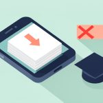 Isometric phone showing flashcards with a download-offline arrow, a crossed-out ad banner, and a graduation cap, on Quizlet alternatives offline