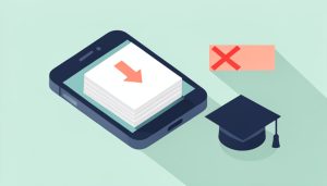 Isometric phone showing flashcards with a download-offline arrow, a crossed-out ad banner, and a graduation cap, on Quizlet alternatives offline