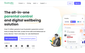 Qustodio homepage showing cross-platform parental control and screen time app
