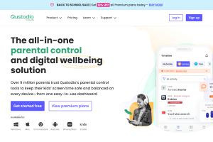 Qustodio homepage showing cross-platform parental control and screen time app
