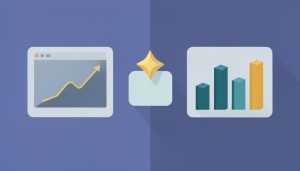 Isometric split dashboard comparing a rank-tracker position chart and a Search Console impressions graph with an AI-overview panel, on rank tracker vs Search Console template