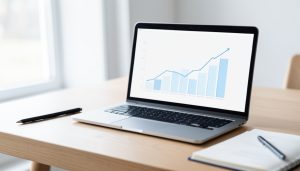 A laptop showing an abstract line-and-bar analytics chart on a desk beside a notebook and pen
