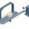 Isometric deployment pipeline moving a package through a checkpoint gate toward a server stack with a small shield