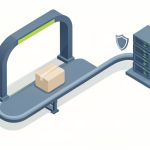 Isometric deployment pipeline moving a package through a checkpoint gate toward a server stack with a small shield