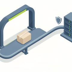 Isometric deployment pipeline moving a package through a checkpoint gate toward a server stack with a small shield