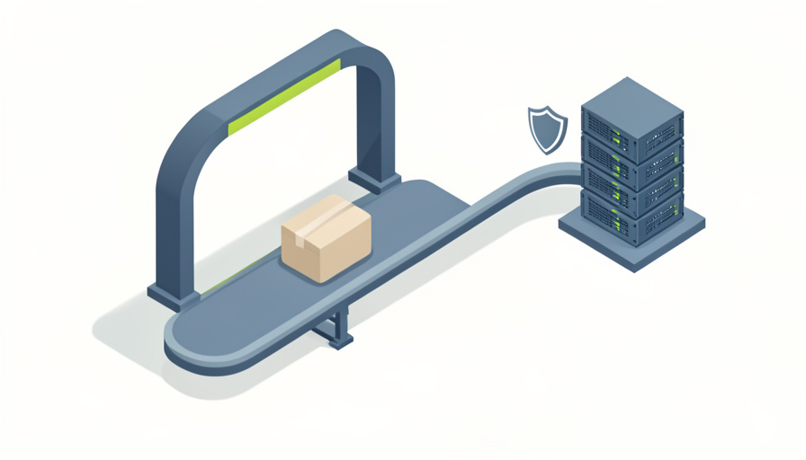 Isometric deployment pipeline moving a package through a checkpoint gate toward a server stack with a small shield